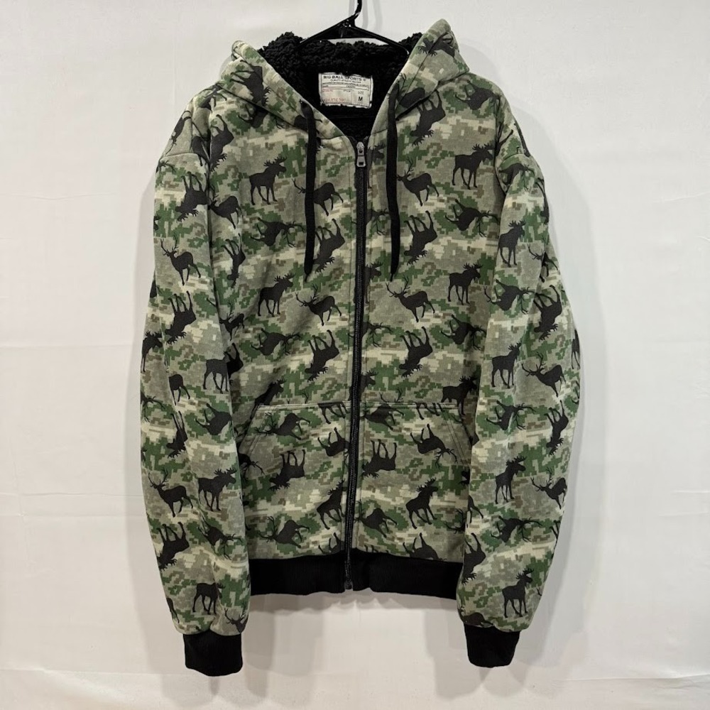 Big Ball Sports Mens Digital Camo Moose Print Sherpa Lined Zip Up Hoodie Green M